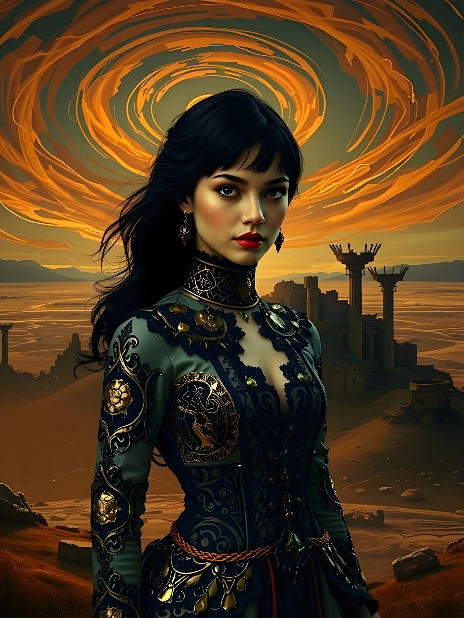 Noir Byzantine Beauty in a Whirling Landscape