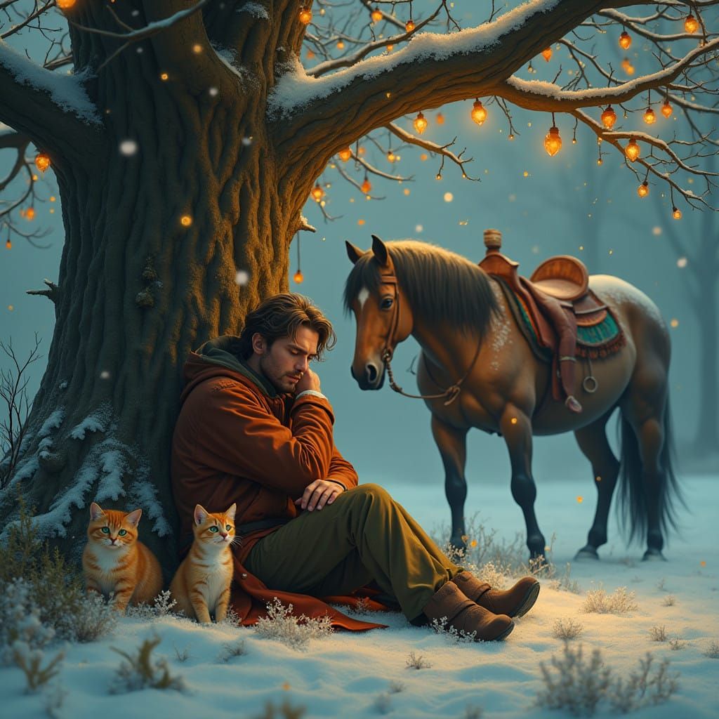 Whimsical Winter Scene: Man Comforted by Gentle Figure amids...