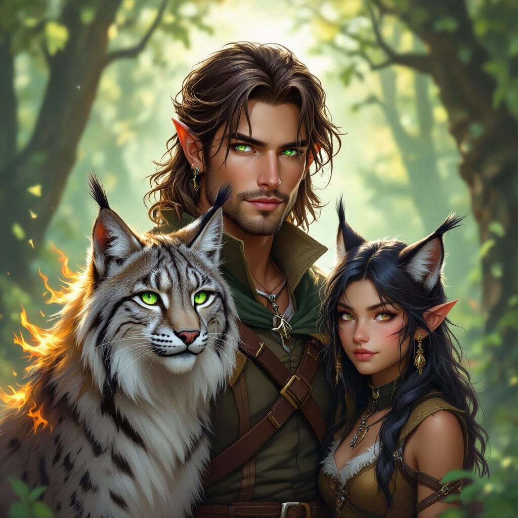 Half-Elf Ranger with Lynx Companion in Fantasy Forest