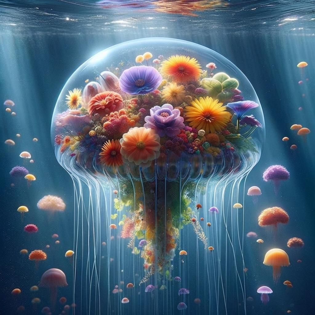 Glass Jellyfish in Vibrant Ocean Garden