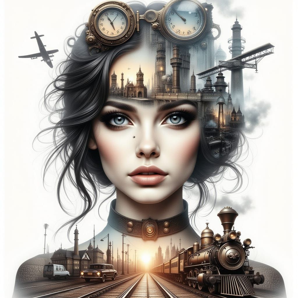 Steampunk Girl Portrait with Layered Double Exposure