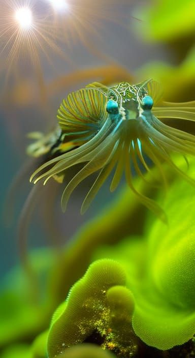 Photograph portrait of an amazing Bioluminescent Cthulhu squid hiding in sea anemones