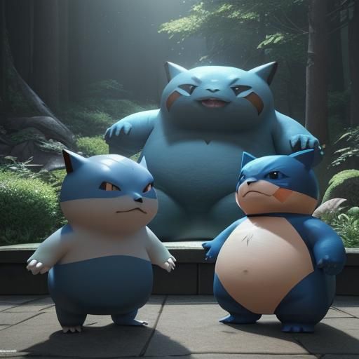 Snorlax and Munchlax in 3D Game Cinematic Style