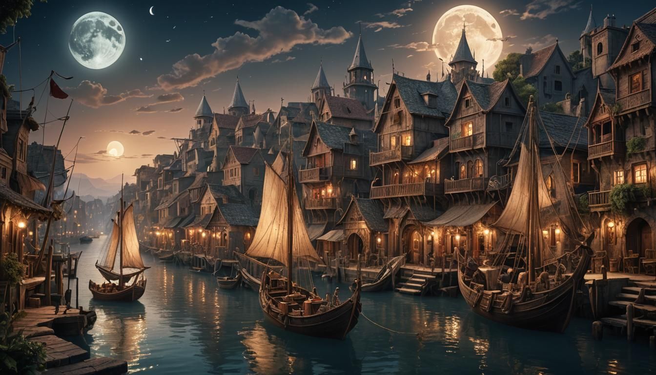 Magical Moonlit River Village: Hyperdetailed Fantasy Art