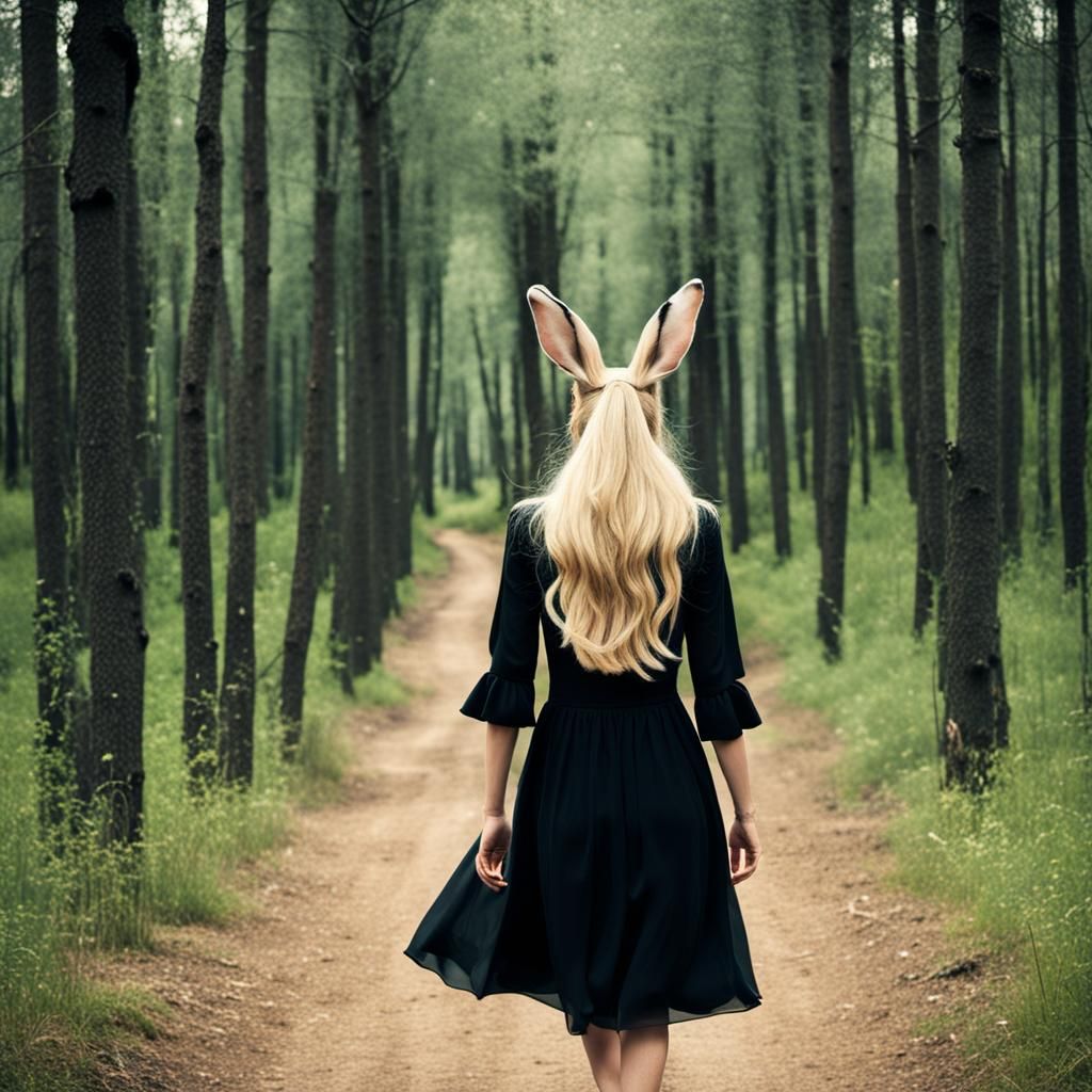 Woman with Hare Ears Walks in Forest