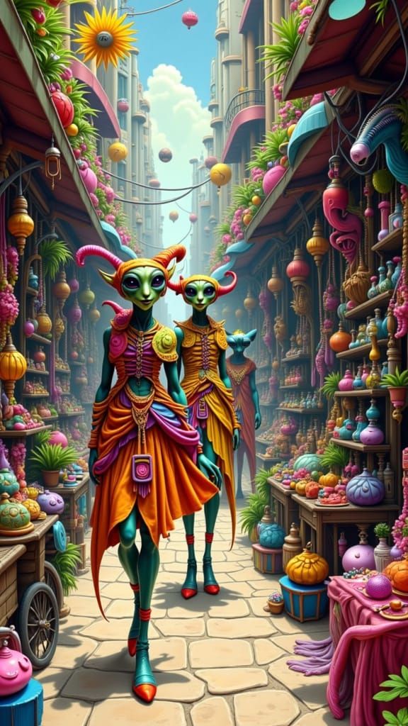 Aliens at Mystical Market, Sci-Fi Surrealism