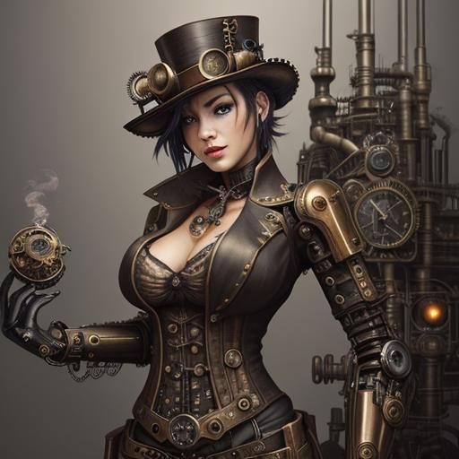 Steampunk Cyborg with Steampunk Engine