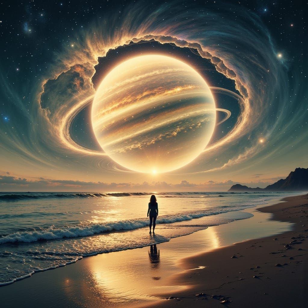Saturn Dominates Twilight Beach Sky in Surreal Cosmic Scene
