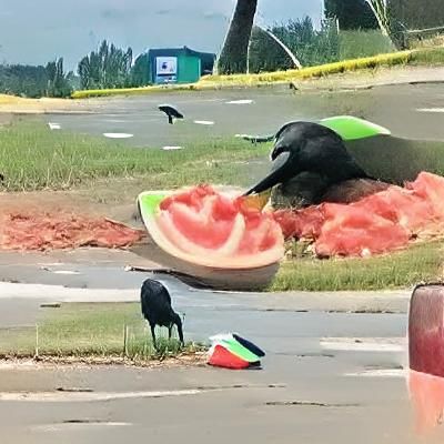 Crow Enjoying Watermelon Feast