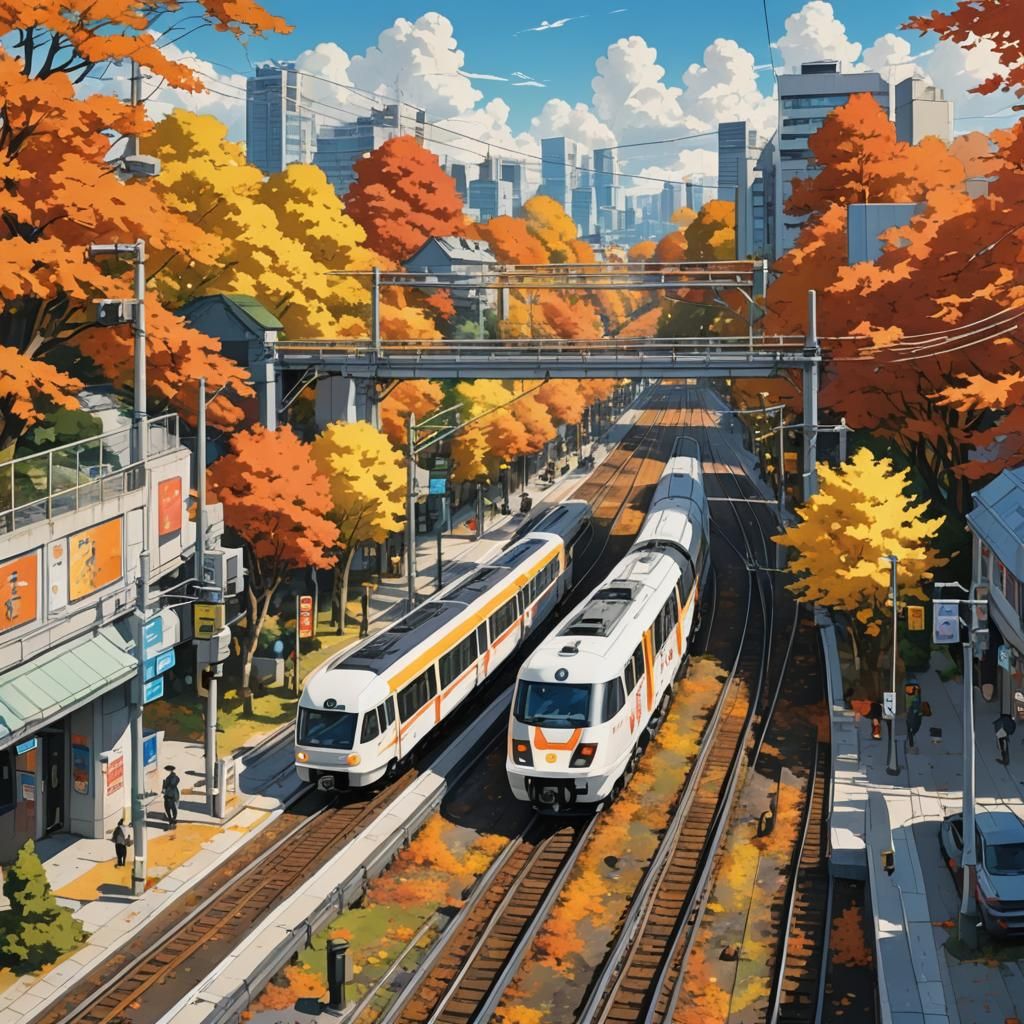 Autumn Train Crossing in Ghibli Style