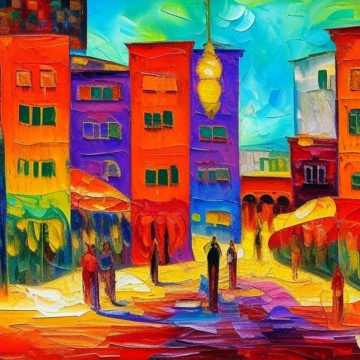 Colorful Spice Market in Impasto Oil Painting Style