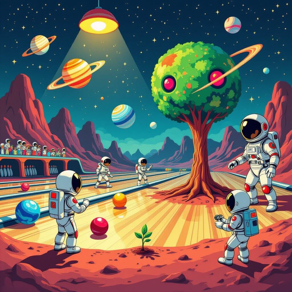 Surreal 1970s Alien Bowling Alley, Whimsical Dreamscape