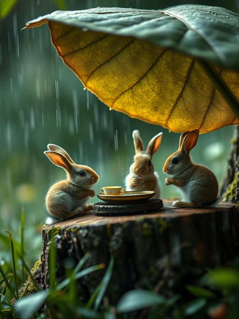 Whimsical Rainy Day Rabbit Teaparty in Cinematic Style