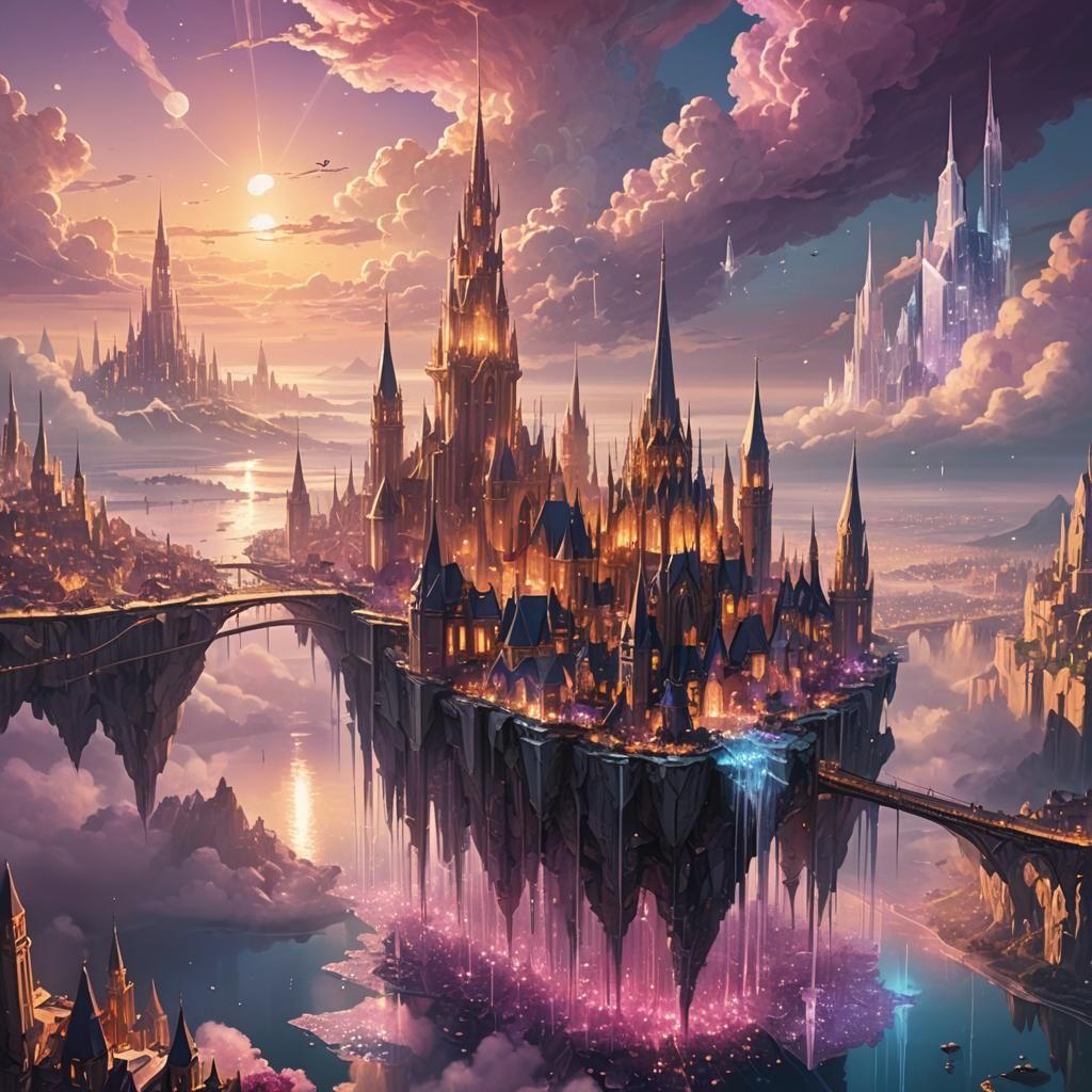 Floating Crystal Cities Above Misty Ocean
