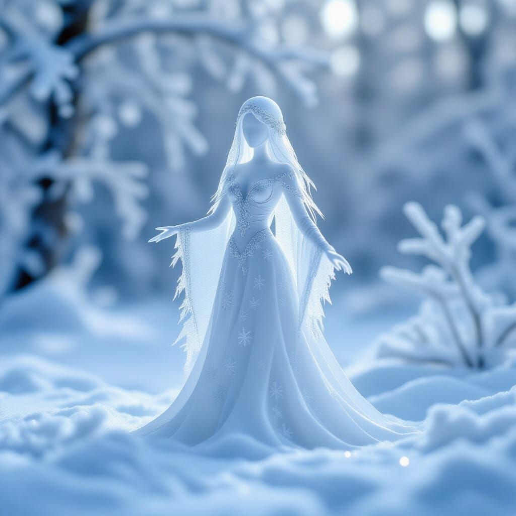 Ethereal Snow Maiden in Macro Winter Forest