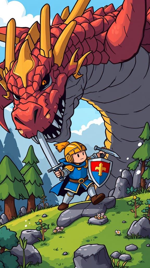 Pixelated Knight Battles Crimson Dragon in 8-Bit Landscapes