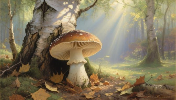 Detailed Matte Painting of a Camouflaged Birch Mushroom