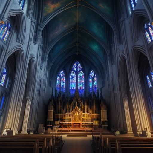 Gothic Church Interior with Gigantic Pipe Organ