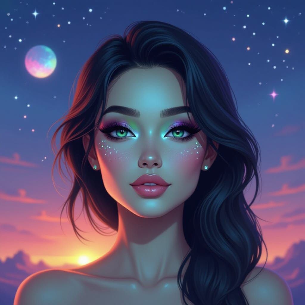 Alien Woman Under a Starry Night Sky