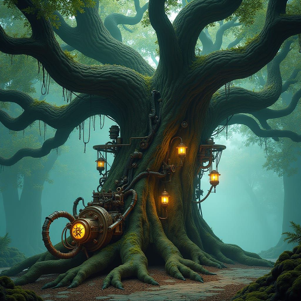 Steampunk Tree with Glowing Lanterns in Surreal Landscape