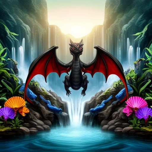 Black Baby Dragon at Ethereal Waterfall, Digital Art