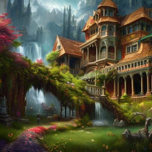 Ornate Mansion with Lush Garden, Hyperdetailed Illustration