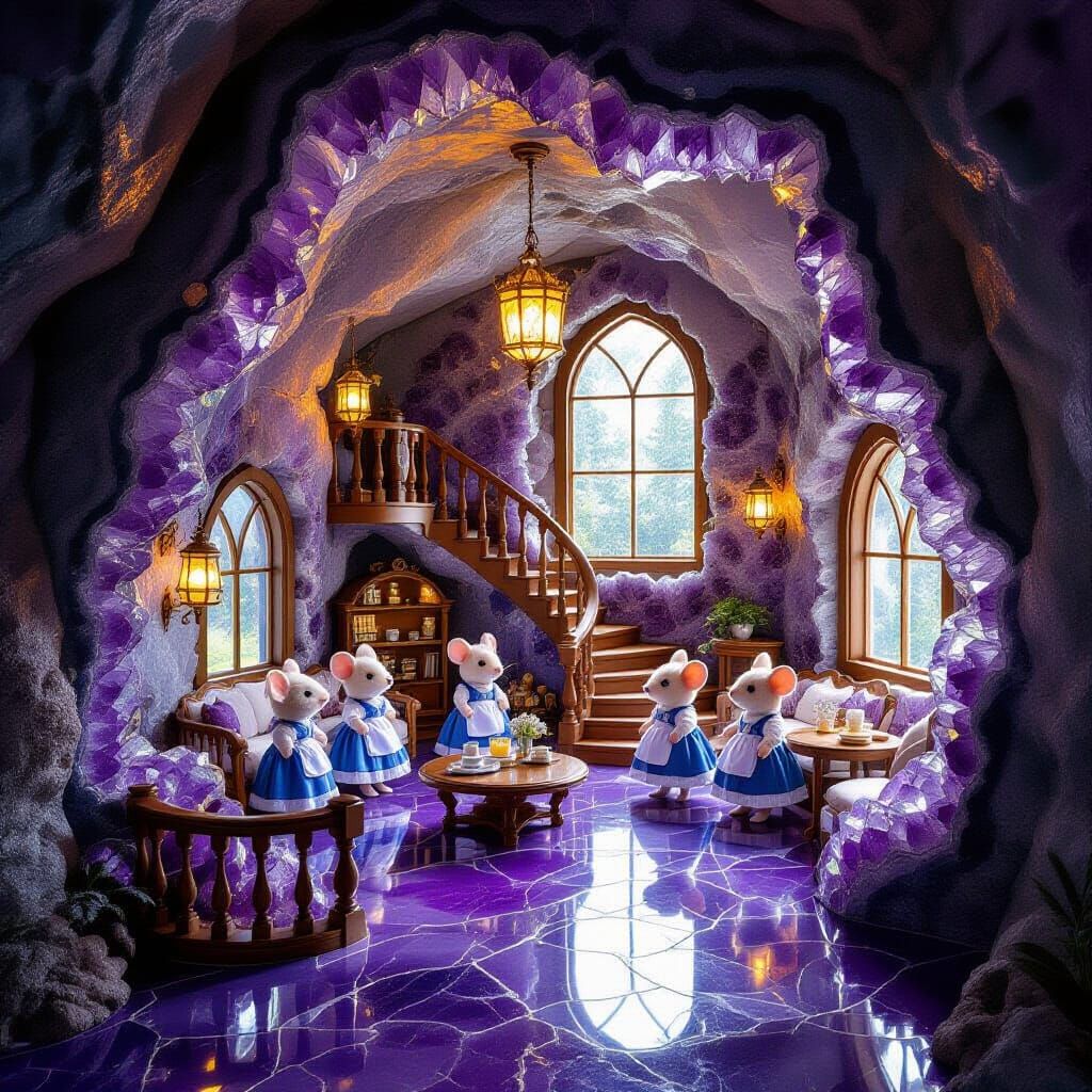 Amethyst Geode House with Mice, Art Nouveau Style