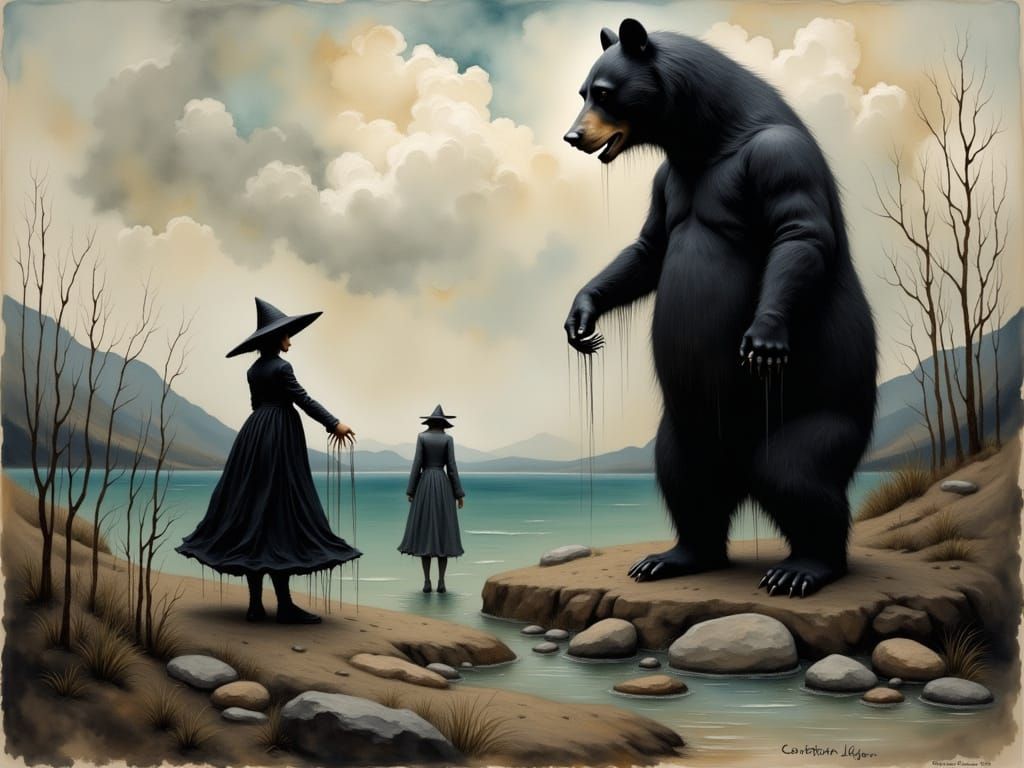 Ethereal Bear Witch in a Muted Neo-Impressionist Landscape