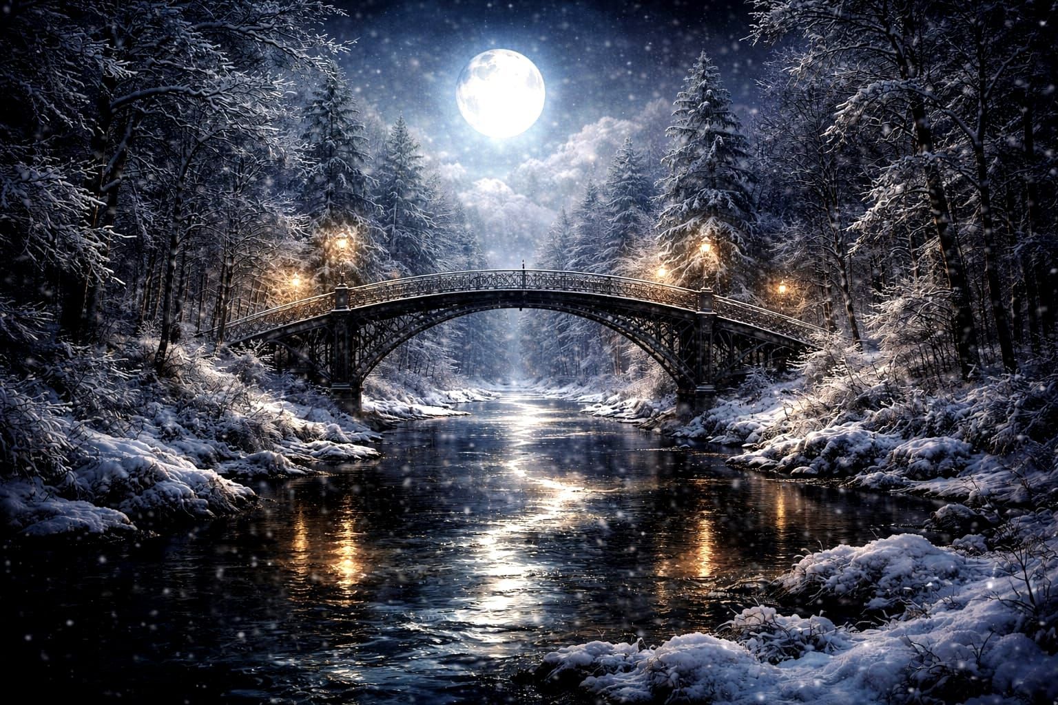 Mysterious Moonlight on Snow-Covered Bridge