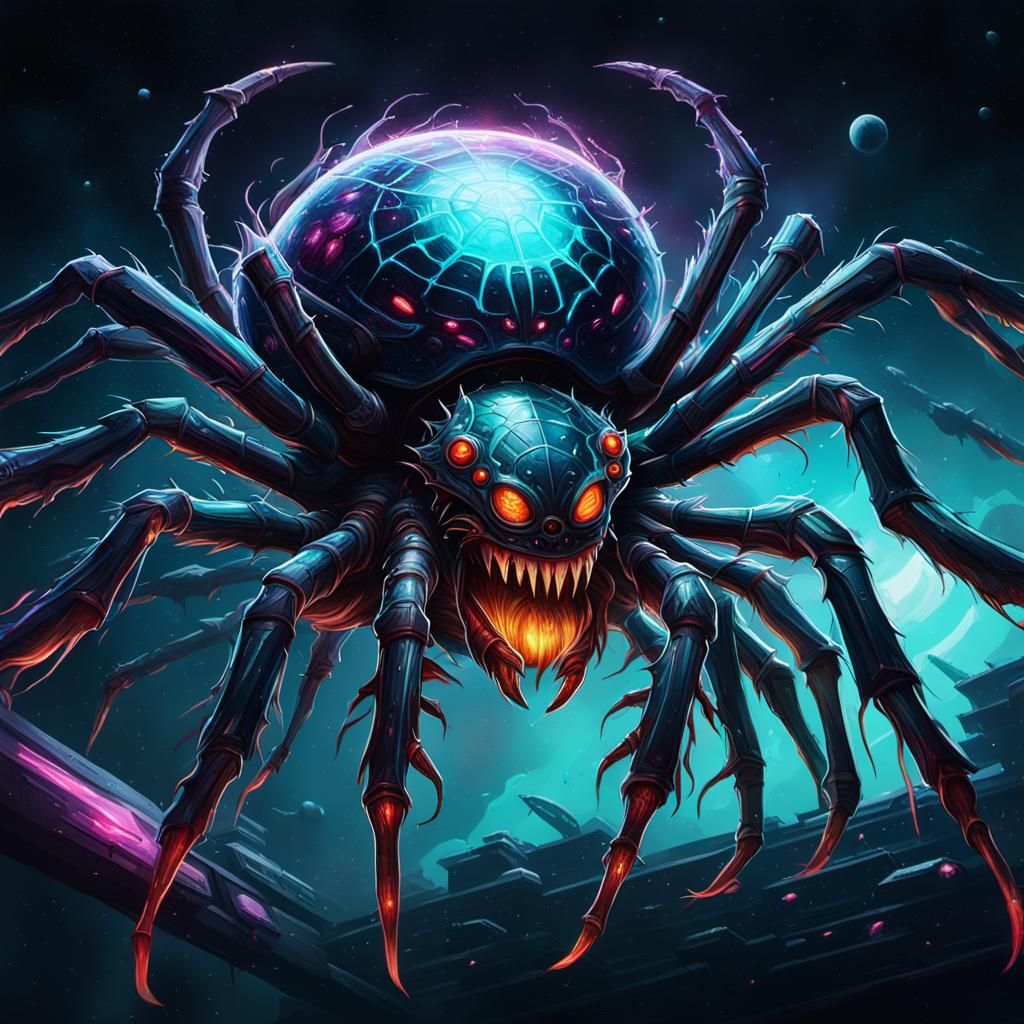 Bioluminescent Space Spider Attacks Spaceship in Splash Art