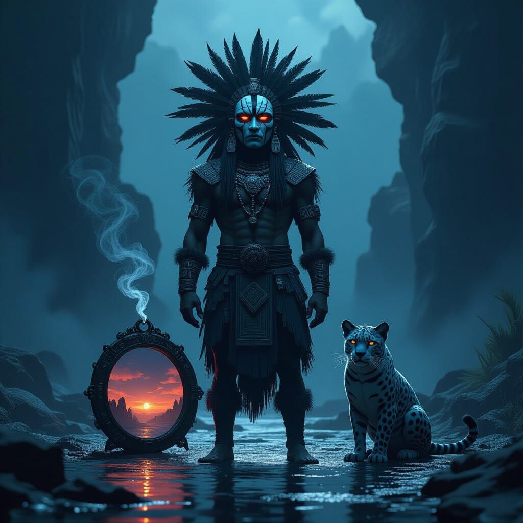 Aztec God Tezcatlipoca in Obsidian Landscape