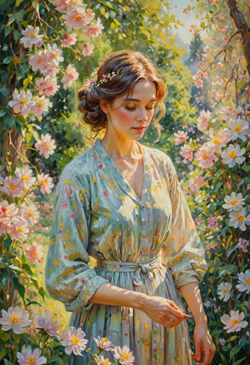 Impressionist Woman in Floral Garden Painting