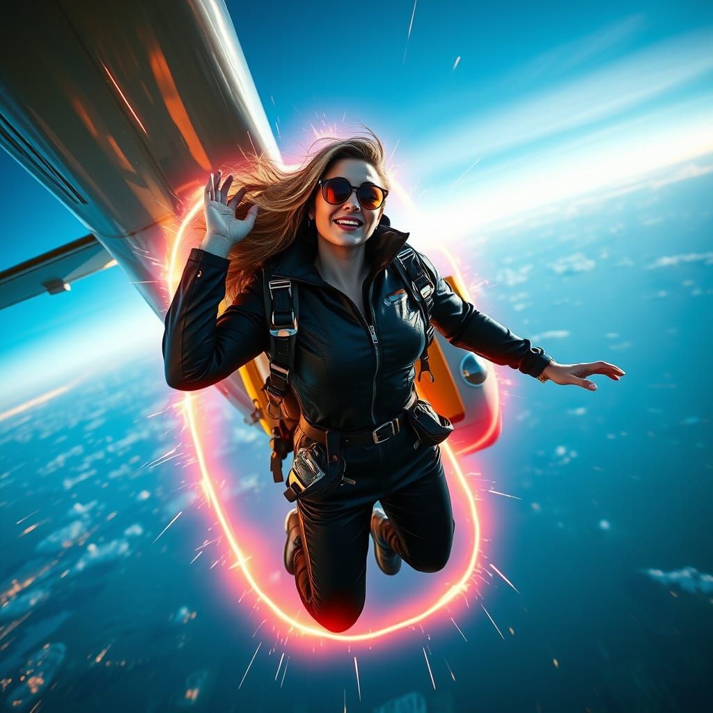 Futuristic Woman Skydiving with Cosmic Glow