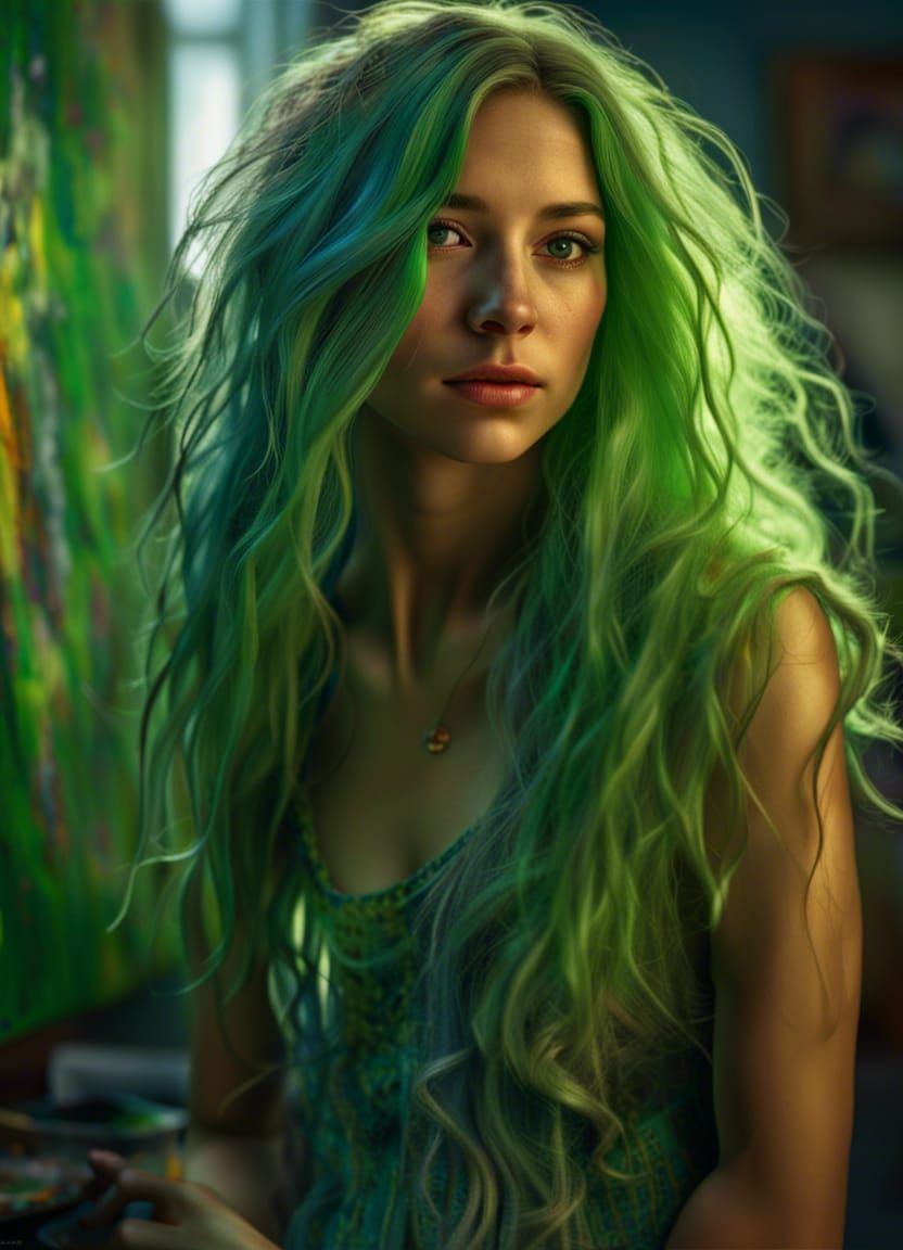 Hyper-Realistic Painter Girl with Green Hair