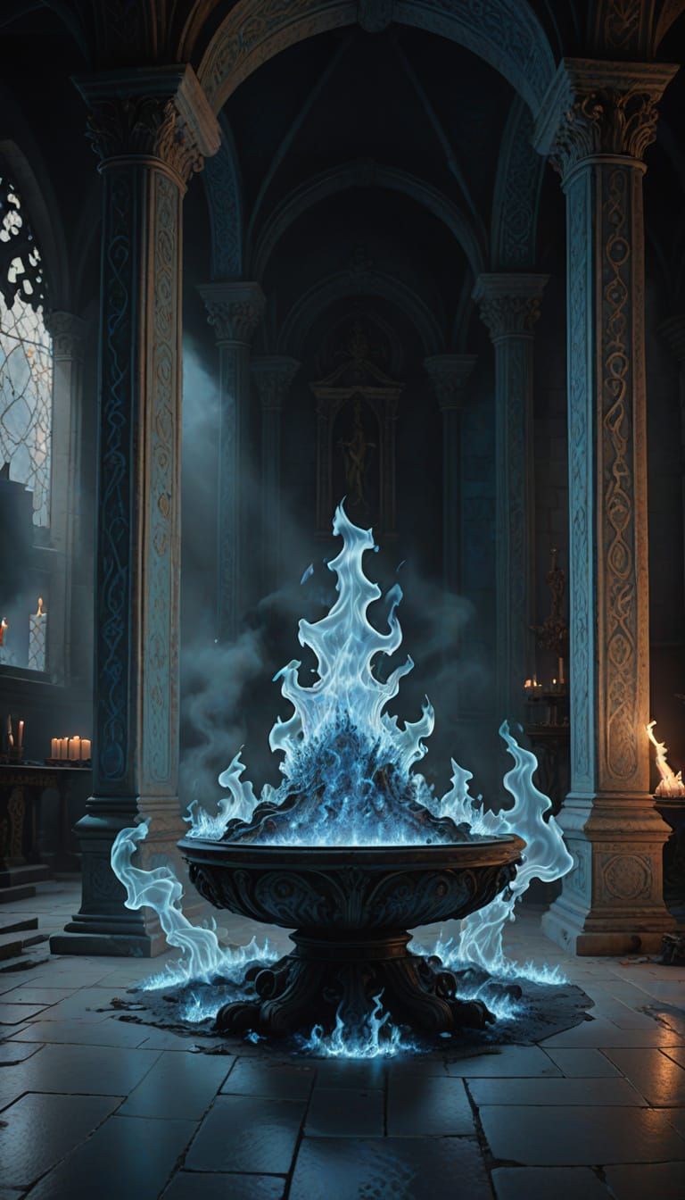 Ancient Stone Altar Engulfed in Vibrant Pale Blue Flames