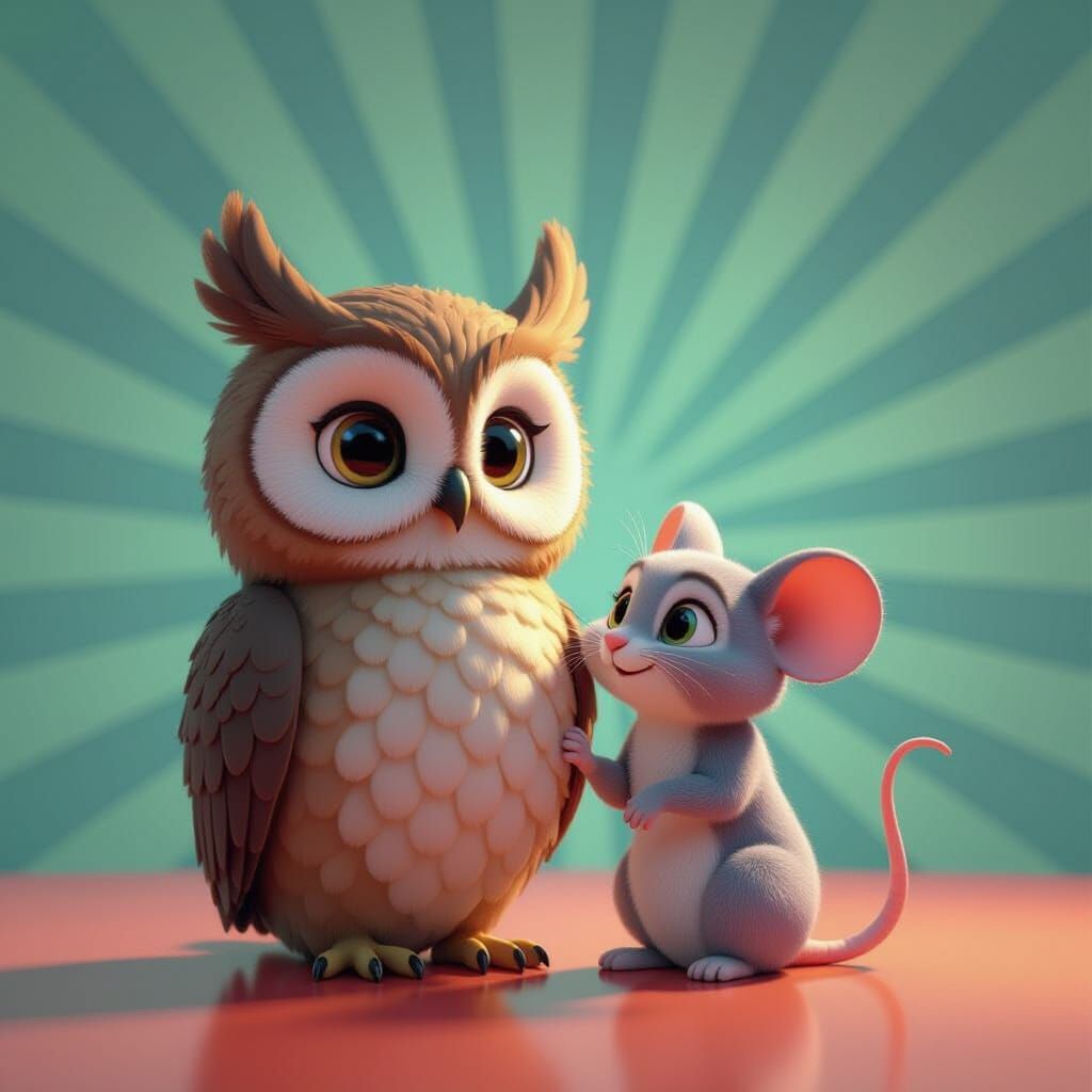 Unlikely Friends: Owl and Mouse in Pixar-Inspired 3D Art