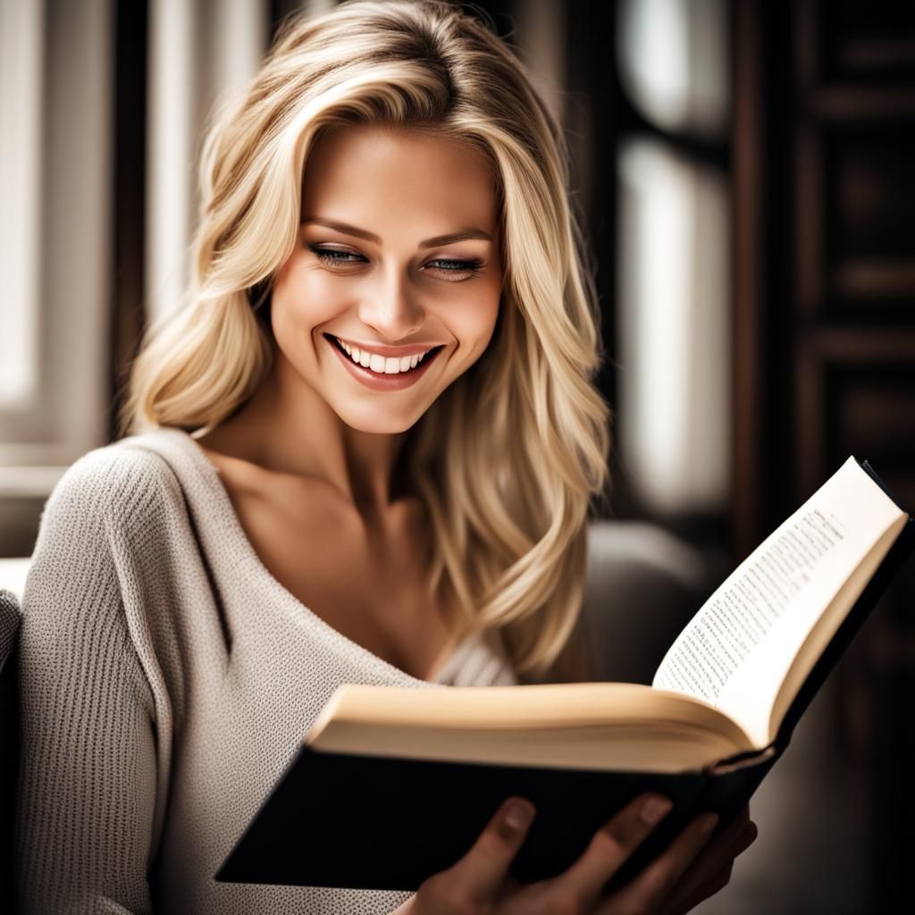 Smiling Blonde Woman Reading, Hyperrealistic Image