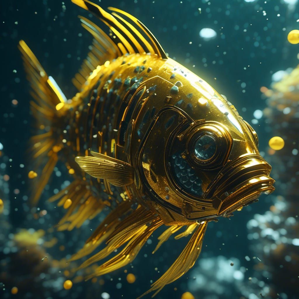 Futuristic Yellow Crystal Fish Portrait in Sci-Fi Style
