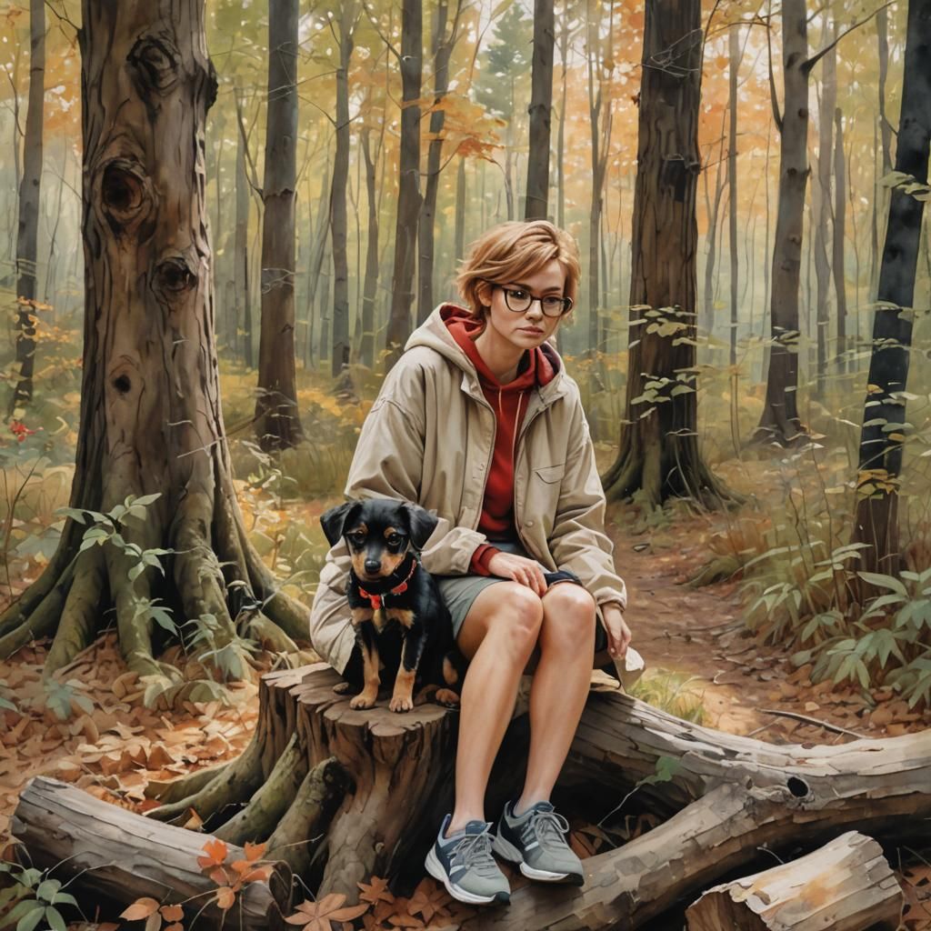 Girl with Puppy in Woods: Watercolor Painting