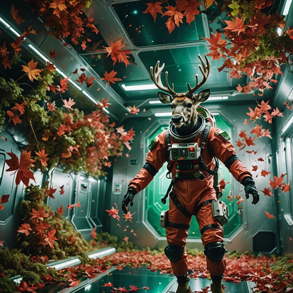 Deer in Spacesuit in Zero-G, Sci-Fi Style