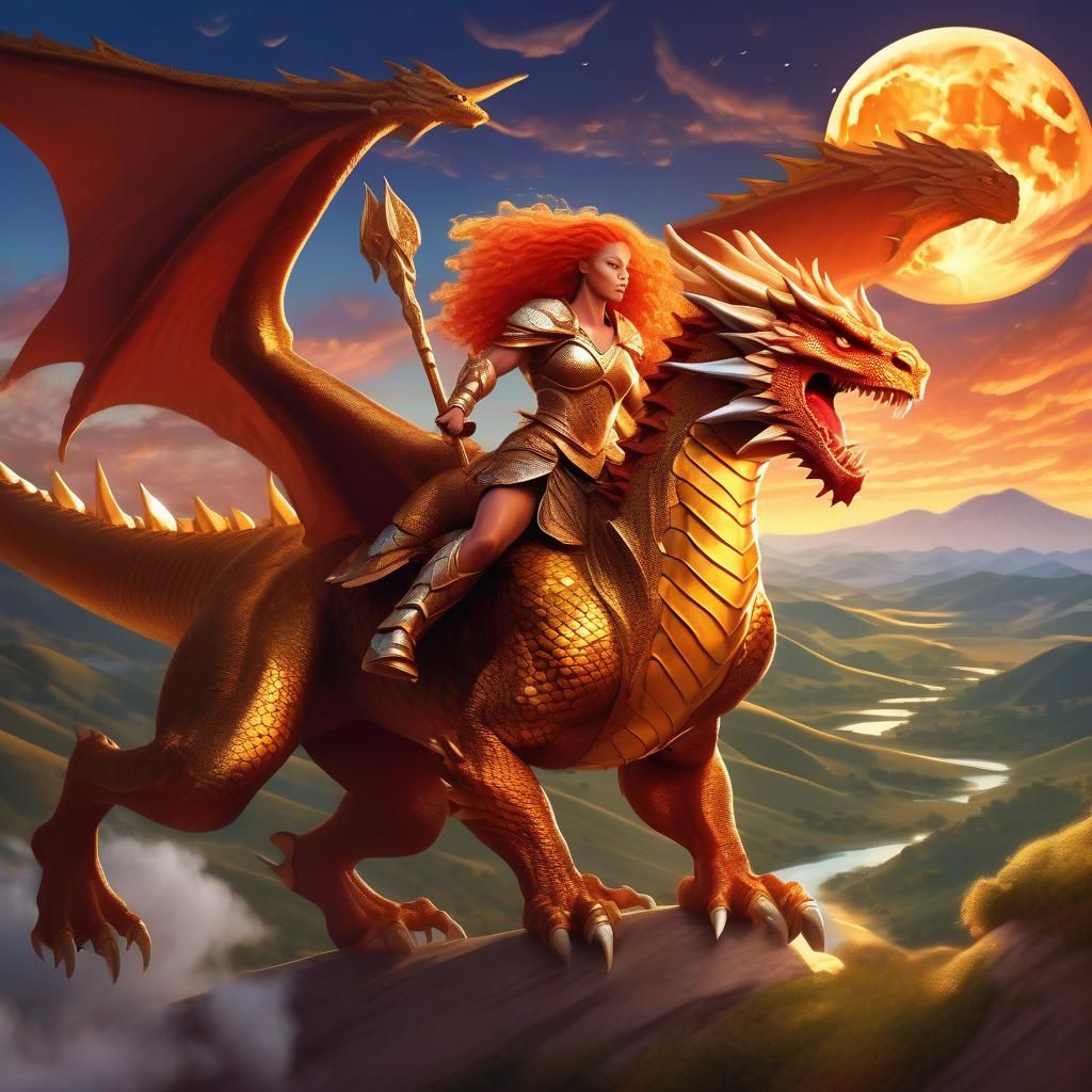 Warrior Queen Rides Dragon in Fantasy Landscape
