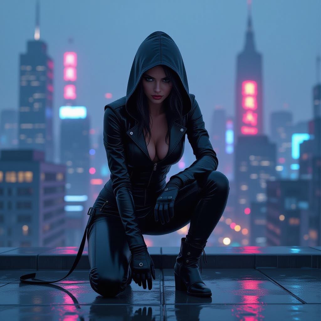 Cyberpunk Street Assassin on Wet Rooftop