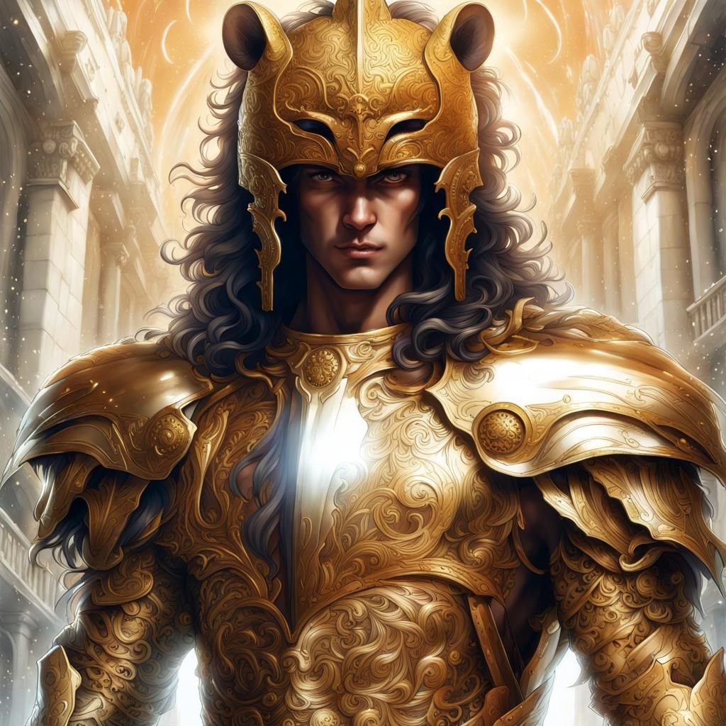 Golden Armored Saint of the Bear in Anime Style