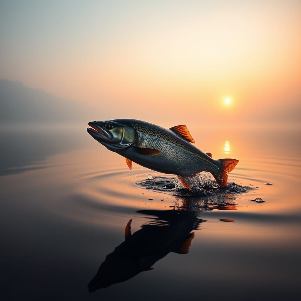 Tranquil Lake at Dawn with Jumping Fish
