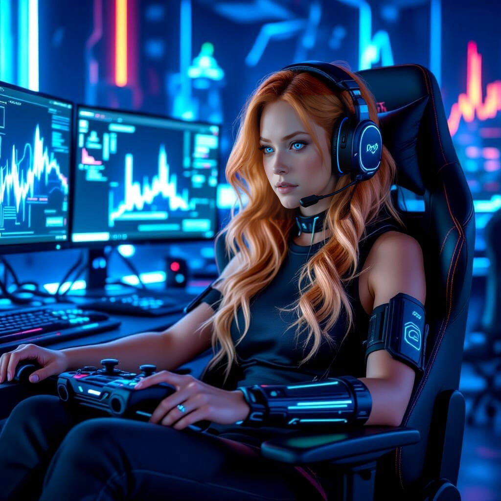 Gamer Maya with Biotech Controller in Blue Light