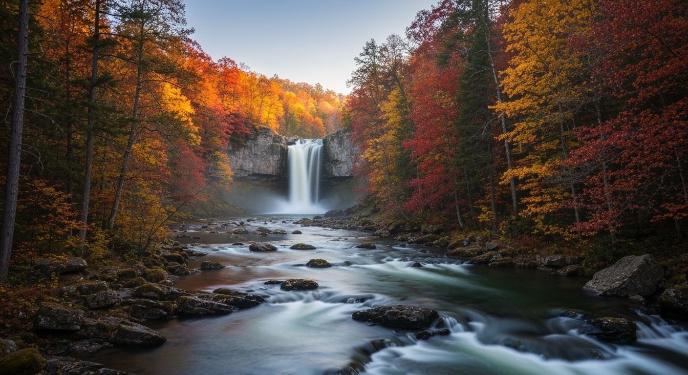 Magical Autumn Waterfall in Volumetric Light