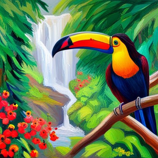Colorful Toucans in Rainforest Canopy: Expressionist Oil Pai...