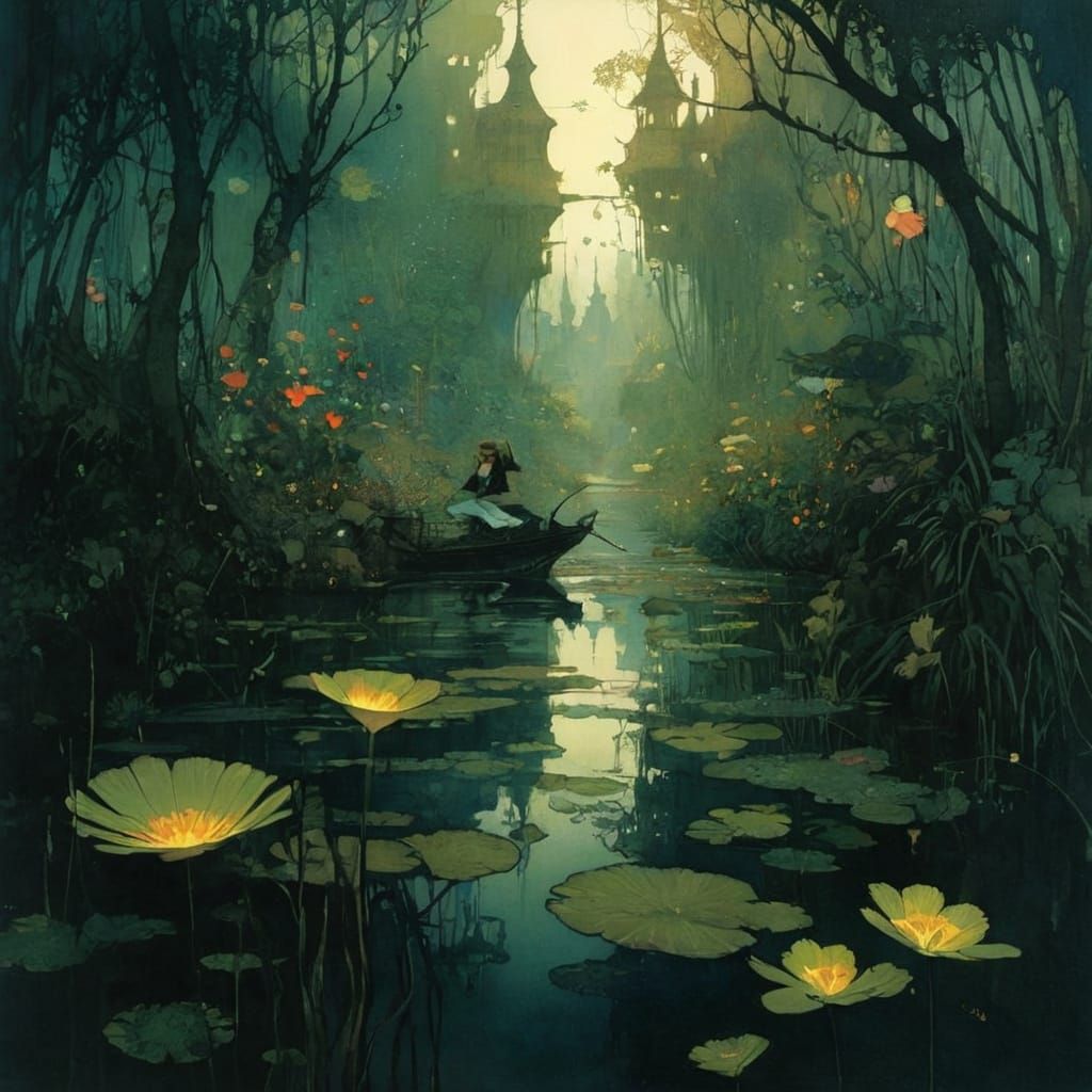 Marshy Estuary River in Art Nouveau Style