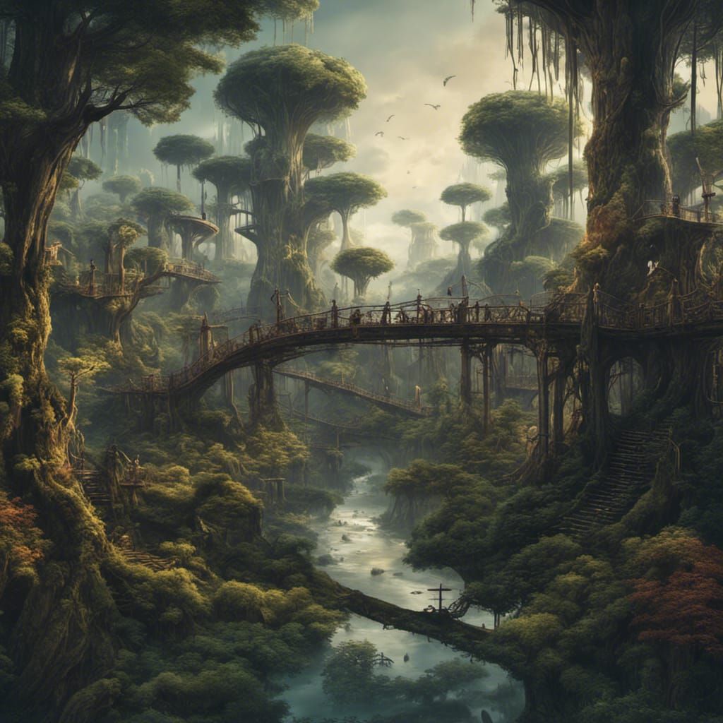 Fantastical Treehouse City in a Swamp Forest