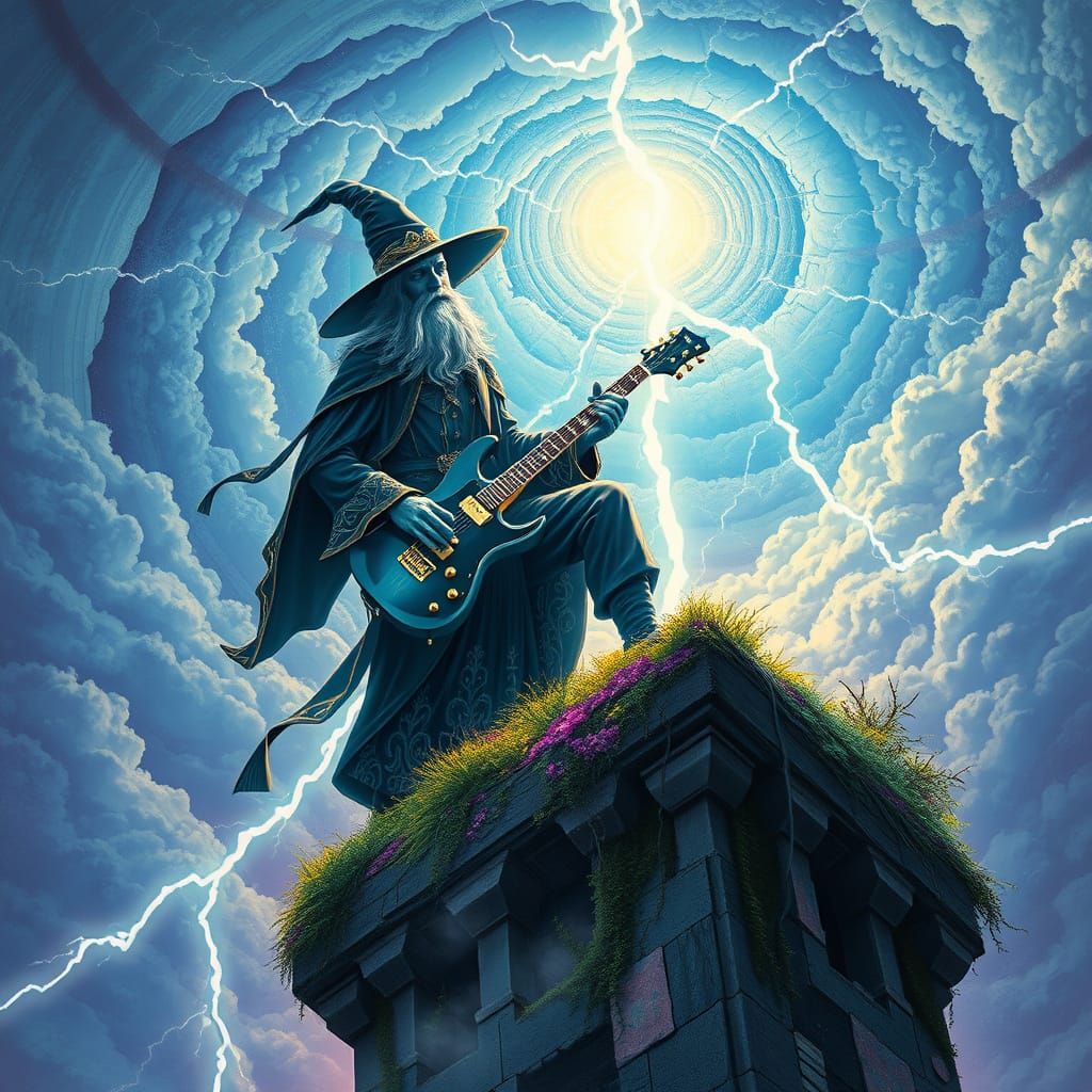 Mystical Wizard Plays Electric Guitar on Abandoned Tower